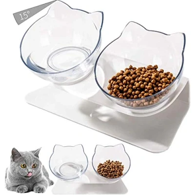 Afbeelding van NC Voerbak voor katten, kattenvoer, 15 graden kantelbaar, dubbele kommen, transparant