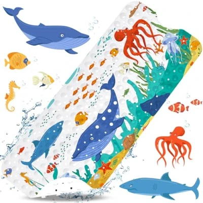 Afbeelding van MOYKSRR Antislip Kinderbadmat 100 x 40 cm, Antislipmat Douchemat, Badmat Kinderen, Bad met Zeebodempatroon 200 Zuignappen, BPA vrij, Wasbaar in de Machine