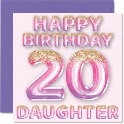 Afbeelding van 20e verjaardagskaart voor dochter roze en paarse glitterballonnen gelukkige verjaardagskaarten 20 jarige van mama papa ouders, 145 mm x cadeau