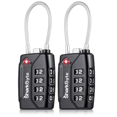 Afbeelding van SharkByte TSA Goedgekeurde Koffersloten 4 Dial Security Travel Combinatie Hangslot, Flexibel Kabeldraad Reisslot voor Koffers, Bagagesloten, Reistas, Gym Locker Klein Hangslot met code (2 Pack)