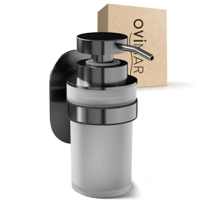 Afbeelding van ovimar Zeepdispenser Veotind Gunmetal Wandmontage zonder boren roestvrij staal en modern glas grote opening voor badkamer of keuken ook geschikt als desinfectiemiddeldispenser