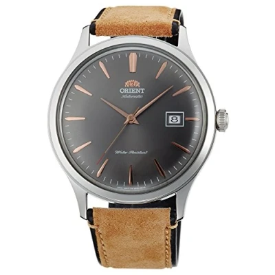Afbeelding van Orient Heren analoog automatisch horloge met lederen armband FAC08003A0, zilver bruin grijs, band