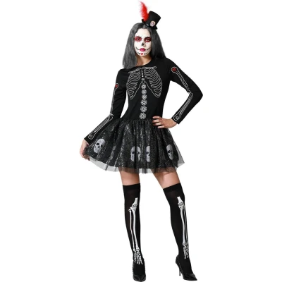Afbeelding van Muertos Halloween Jurkje Dames Zwart Schedels Maat M L