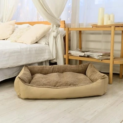 Afbeelding van Odolplusz Hondenbed, knuffelige slaapplaats met omkeerbaar kussen, afneembare en wasbare hoes, vulling van huidvriendelijke 100% polyurethaanspons, 100 x 70 cm, beige
