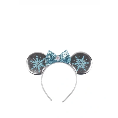 Afbeelding van IJskoningin haarband blauw en grijs van robuuste materialen design met oren strik Elsa opdruk origineel product ontworpen in Spanje