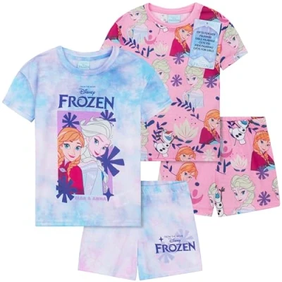 Afbeelding van Get Trend Pyjama voor meisjes, set van 2 korte mouwen, pyjamaset kinderen, tieners, loungeset, nachtkleding, zacht, comfortabel, nachtkleding als cadeau Blauw/Roze Frozen, 3 4 jaar