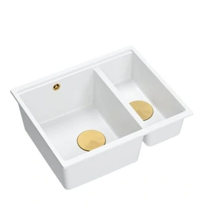Afbeelding van Quadron Logan 150 granieten spoelbak, keukenspoelbak, afmetingen 55,5 x 46 22 cm, wit en goud Pvd, 150, keuken, kastbouw vanaf 60 onderbouwbak