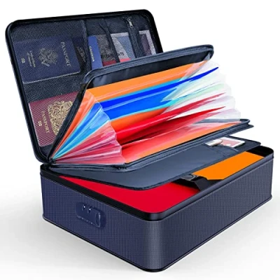 Afbeelding van JUNDUN Documentenorganizer, vuurvaste documententas met slot, documentenopbergdoos 7 vakken, bestanden organizer, draagbare aktetas voor belangrijke documenten, (blauw)