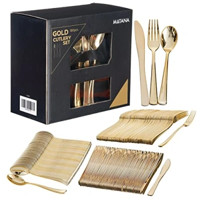 Afbeelding van MATANA 180 Elegante Herbruikbare Gouden Plastic Bestekset 60 Messen, Vorken, Lepels voor Bruiloften, Verjaardagen, Feesten en Evenementen