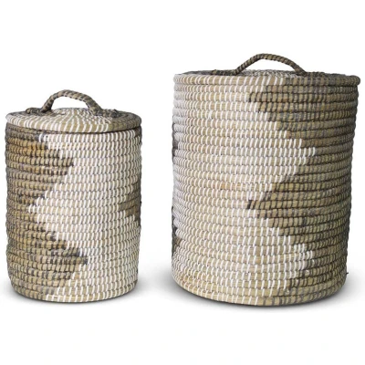 Afbeelding van Safaary Rieten Wasmand met Deksel van Zeegras Grijs Wit 42x42 CM