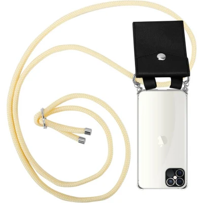 Afbeelding van Cadorabo Hoesje geschikt voor Apple iPhone 12 / PRO in ROOM BEIGE Silicone Mobiele telefoon ketting beschermhoes met zilveren ringen, koordriem en afneembaar etui