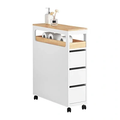 Afbeelding van SoBuy Toiletrolhouder, Toiletkast, Badkamerkast, Smalle Opbergkast, Rek Smal met 1 Uitneembare Dienblad, 3 Lades en 4 wielen, voor Badkamer, Keuken, Woonkamer, 65x23x82cm, BZR54 W