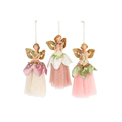 Afbeelding van Gisela Graham hars en gouden stof jurk decoratie Pastel engelen met vleugels Set van 3