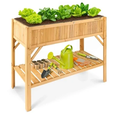 Afbeelding van AREBOS houten verhoogd bed met plank, plantenbak Groenten Kruiden Balkon Bloemen