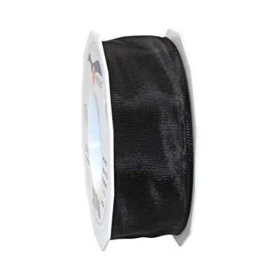 Afbeelding van PRÄSENT Lyon band met draadrand, zwart, 25 m decoratief lint voor het versieren en knutselen, 40 mm breed, licht buigzaam lint, feestelijke decoraties bij speciale gelegenheden
