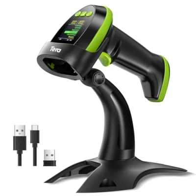 Afbeelding van Tera Barcodescanner Wireless 2D met standaard: Pro versie digitaal instellingsscherm en toetsenveld werkt Bluetooth 2.4G draadloze USB kabel extra snelle handheld HW0009 Z groen