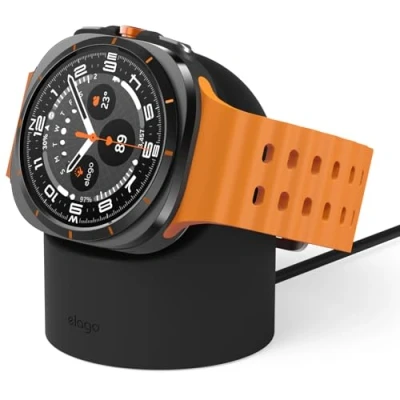 Afbeelding van elago GWT2 Oplader Standaard Compatibel met Samsung Galaxy Watch 7/7 Ultra, 6/6 Classic, 5/5 Pro [40/43/44/45/47mm], Nachtstand Modus, Kabel Management [Oplaadkabel Niet Inbegrepen] (Zwart)