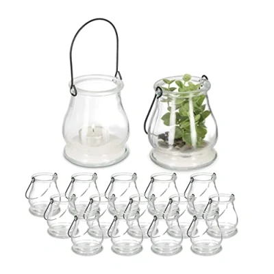 Afbeelding van Relaxdays windlicht, set van 16, glas, hengsel, binnen &amp; buiten, waxinelichthouder, 10 x 8,5 cm, transparant/zwart