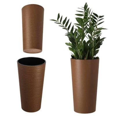 Afbeelding van KADAX bloempot met houtspaanders, elegante uitneembare inzet, bloempotbescherming voor kantoor, bloembak, pot, tuinschaal (diameter 19 cm, bruin)