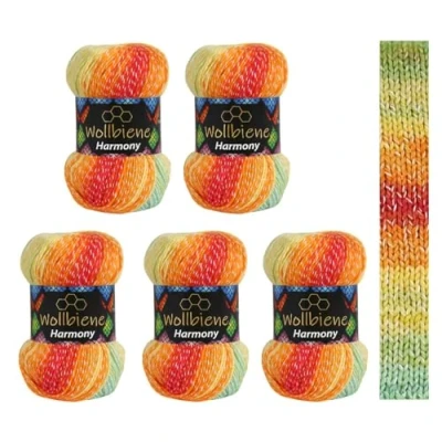 Afbeelding van Wollbiene Harmony Batik Breiwol, 5 x 100 g, 500 gram met kleurverloop, 30% katoen, meerkleurig, kleur: 8020 groen rood oranje geel