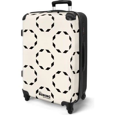 Afbeelding van NoBoringSuitcases.com® Koffer groot Rolkoffer lichtgewicht Beige met zwarte cirkels Reiskoffer 4 wielen Grote trolley XL 20 kg bagage
