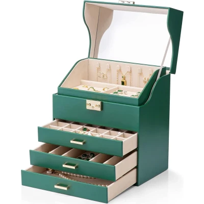 Afbeelding van sieradendoos met 5 niveaus, grote sleutel, sieradenorganizer, lades, spiegel, sieradenopslag, cadeau dames