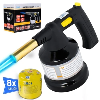 Afbeelding van Z.M.C Gasbrander 1,3 kW + 8 gaspatronen 190 g, flambeerbrander tot 1350 C, bunsenbrander, soldeerbrander, branderopzetstuk, keukenbrander met instelbare vlam