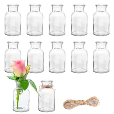 Afbeelding van 12 stuks glazen mini vazen, 125 ml kleine vazen met jute koord, bloemenvazen, tafelvazen, decoratieve flessen, flesjes voor tafeldecoratie, middenstukken, bruiloftsdecoraties