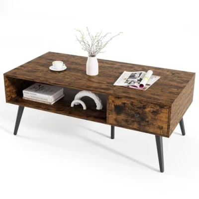 Afbeelding van COSTWAY Salontafel met lade, opbergruimte, open vak, woonkamertafel, houten sofatafel, 109 x 55 39,5 cm