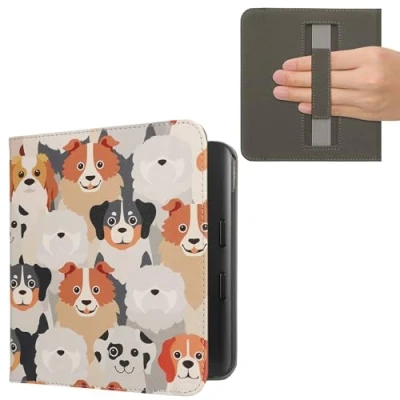 Afbeelding van kwmobile E reader hoesje geschikt voor Kobo Libra Colour hoes flip case met magneetsluiting Ereader cover Honden Ontwerp design in wit / lichtbruin grijs