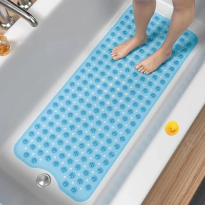 Afbeelding van Badmat, antislip, 100 x 40 cm, extra lange antislipmat, badkuip, douchemat, BPA vrij, schimmelbestendig en machinewasbaar, blauw