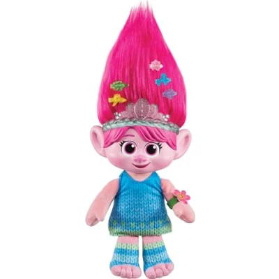 Afbeelding van Mattel DreamWorks Trolls: Band Together Pluchen Knuffel, Hair Pops Verrassingsoptreden Koningin Poppy Zachte Pop met Lichtjes, Geluidjes, 1 en 3 accessoires HTM14