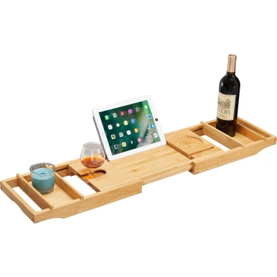 Afbeelding van ACAZA Badplank met Boekenhouder + Plaats voor Kaars en Glas Wijn Uitschuifbare Bad Brug 75 tot 109 cm Breed