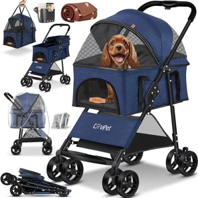 Afbeelding van LOVPET® Hondenwagen, 2 in 1 hondenbuggy, hondenbench, transporttas, opvouwbaar, tot 20 kg, huisdieren, buggy met gaasramen en regenhoes, jogger, kattenbuggy voor kleine honden katten, Blauw