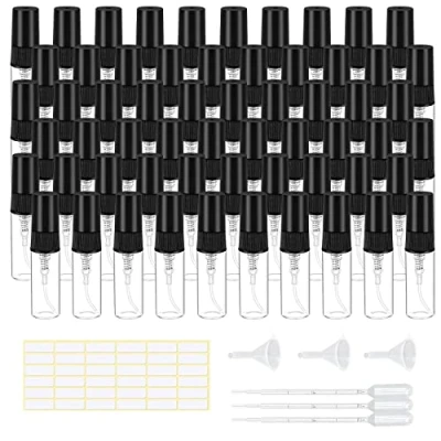Afbeelding van mini glazen parfumverstuivers, 60 stuks verstuivers, glas, 3 ml spuitfles, klein, leeg parfumverstuiver voor onderweg met pipetten + trechters en 1 etikettenboog, fijne nevel spuitfles