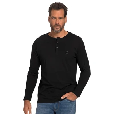 Afbeelding van JP 1880 Heren grote maten Menswear L 8XL Henley, basic, shirt, lange mouwen, knoopsluiting, tot 702555, zwart, Tall