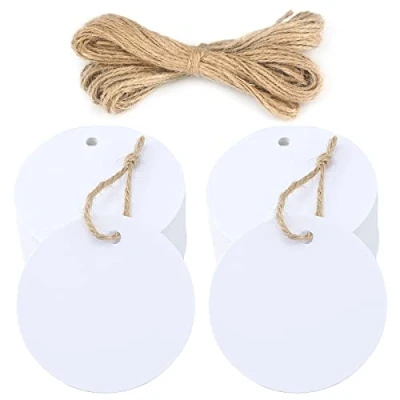 Afbeelding van Ronde cadeaulabels van kraftpapier, etiketten 5,5 cm, 100 stuks hangende en jute koord, voor handwerk, bruiloft, Kerstmis, geschenkverpakking (wit)