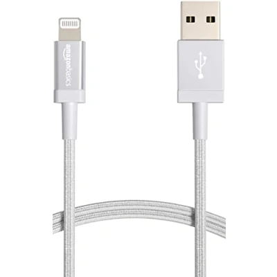 Afbeelding van Amazon Basics Verbindingskabel Lightning naar USB A, nylon omvlochten, MFi gecertificeerde oplaadkabel voor iPhone, zilver, 0,9 m