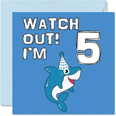 Afbeelding van 5e verjaardagskaart jongen Shark Watch Out Happy Birthday Card 5 jaar oude jongen, jongenskaarten voor hem, 145 mm x wenskaart zoon broer kleinzoon neef god vijfde verjaardag