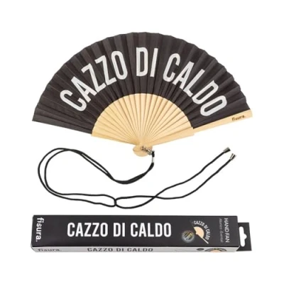 Afbeelding van Fisura Originele handwaaier &quot;c*zzo di caldo&quot;. Moderne en grappige houten waaier. Zwart witte Afmetingen: 42,5 x 23 cm. Hout textiel.