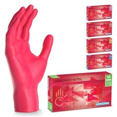 Afbeelding van ARNOMED wegwerphandschoenen rood, nitril handschoenen M, met 100 stuks per doos, poedervrij. Latexvrije rubber handschoenen, verkrijgbaar in XS, S, L &amp; XL