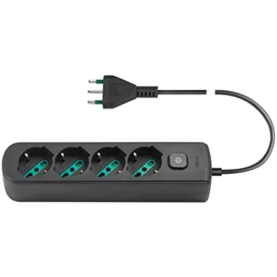 Afbeelding van Vimar 0R00641.CC Stekkerdoos met schakelaar en kabel van 1,5 m, 4 uitgangen, Sicury universele Italiaanse standaard, stekker 16 A, zwart