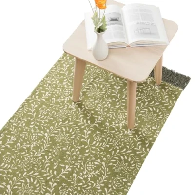 Afbeelding van HOMELEVEL loper tapijt voor slaapkamer 80 x 150 cm Wasbaar katoenen vloerkleed Ook gang kinderkamer of woonkamer Bloemenprint groen