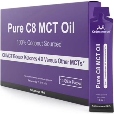 Afbeelding van Pure C8 MCT oliepakketten Verhoogt ketonen 4x in vergelijking met andere MCT&#039;s Hoogste zuiverheid van 99%+ 100% afkomstig kokosnoot Doos 15 porties ml Ketosource®