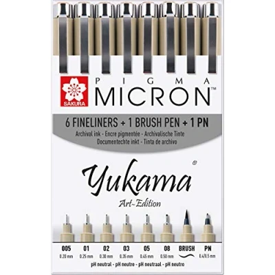 Afbeelding van Yukama Sakura Pigma Art Edition 8 delige set, 6 Micron fineliner + 1 Brush penseelstift PN pen, zwart