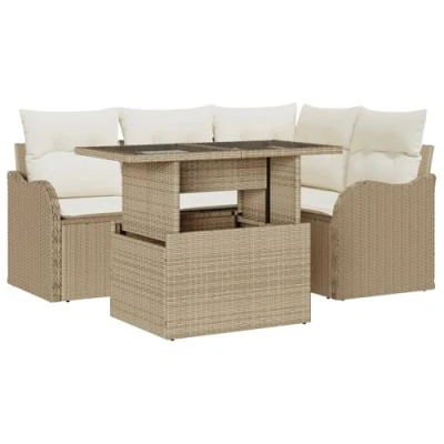 Afbeelding van vidaXL 5 delige Tuin Sofa Set met Kussens Beige Poly Rattan, 2 Zits Rattan