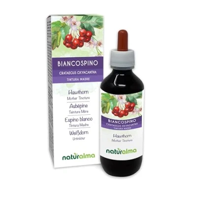 Afbeelding van Tweestijlige meidoorn (Crataegus oxyacantha) bladeren en bloemen Alcoholvrije moedertinctuur Naturalma Vloeibaar extract druppels 200 ml Voedingssupplement Veganistisch