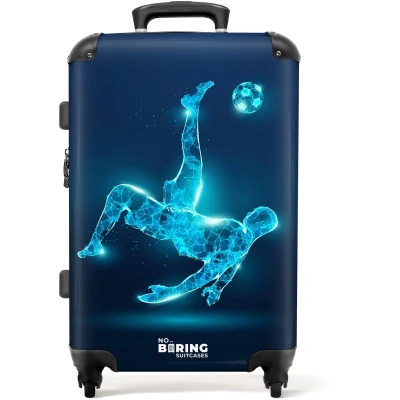 Afbeelding van NoBoringSuitcases.com® Kinderkoffer jongen Kindertrolley jongens Omhaal in blauw neonvoetbal Koffer kind groot Rolkoffer lichtgewicht Reiskoffer met 4 wielen Grote trolley XL 20 kg bagage