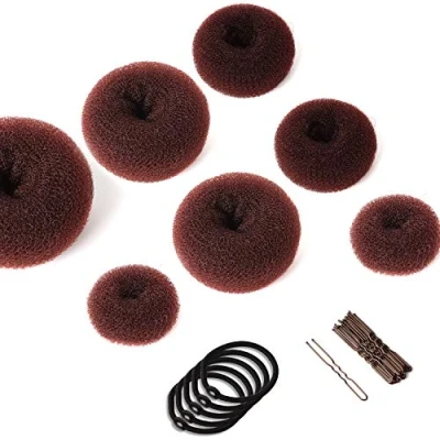 Afbeelding van Haarbroodjesmakerset, 7 stuks, ringstijl, donuthaarbroodjesmaker met 5 elastische haarbanden, 20 haarspelden voor Chignon kapsels, haarknotvormer set kinderen, meisjes, vrouwen (bruin)