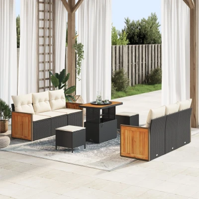 Afbeelding van vidaXL 9 delige Tuin Sofa Set met Kussens Zwart Poly Rattan Acacia